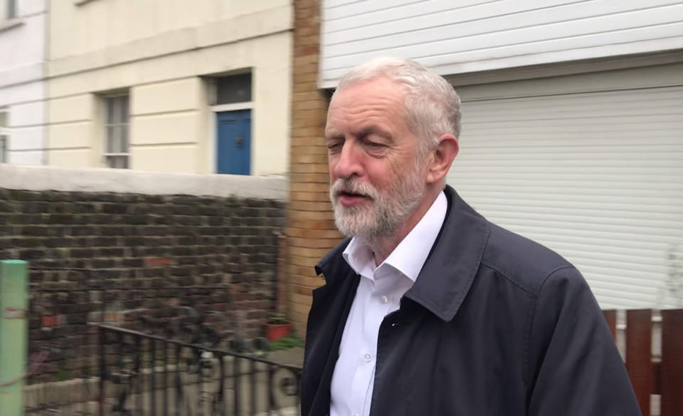 Jeremy Corbyn leaves his home in north London as speculation mounts that several Labour MPs could be about to quit the party. (Photo by PA/PA Images via Getty Images)