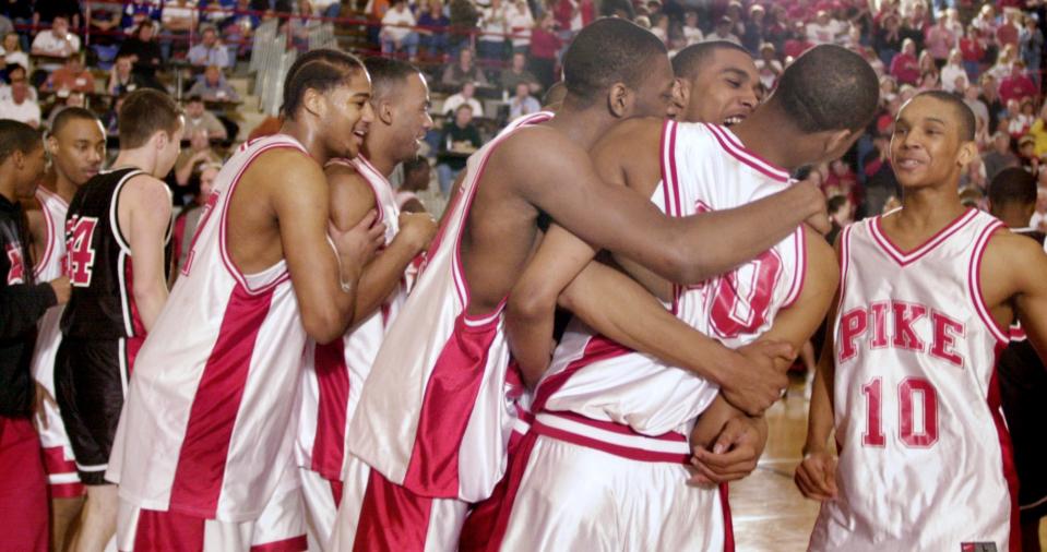 March 22 2003 ...  IHSAA Boys 4A semistate game at Southport High School.  Pike High School beats Evansville Harrison.  Pike teammates celebrate their victory.