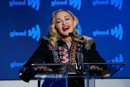 Singer Madonna speaks to guests after receiving the Advocate for Change award during the 30th annual GLAAD awards ceremony in New York City, New York, U.S., May 4, 2019. REUTERS/Eduardo Munoz/Files