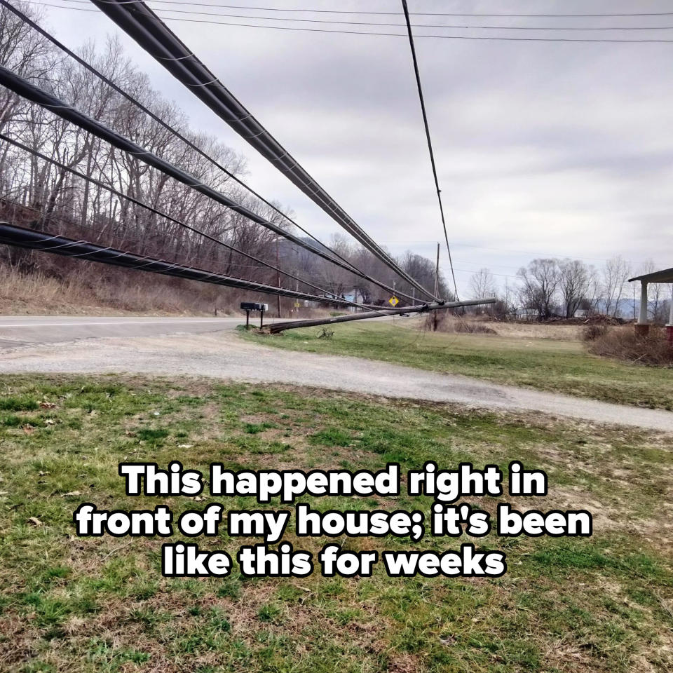 Fallen power lines running slightly above a rural path parallel to a road with grassy areas and bare trees