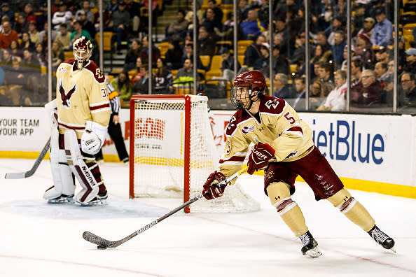 BOSTON, MA – FEBRUARY 06: Boston College Eagles defenseman Casey Fitzgerald (5) skates with the puck to start a play during the first period of the Beanpot Tournament semifinals game between the Boston University Terriers and the Boston College Eagles on February 6th, 2017 at TD Garden in Boston, MA. (Photo by John Kavouris/Icon Sportswire via Getty Images)