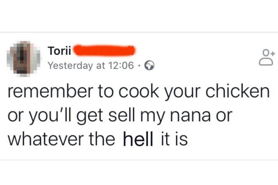 Person confusing salmonella with "sell my nana"