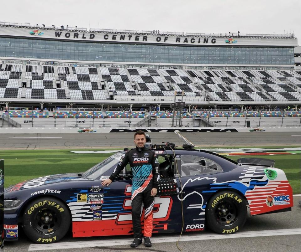 Frankie Muniz on pit road gets set to make his qualifying run for the Xfinity Series' United Rentals 300 on Saturday at Daytona International Speedway.