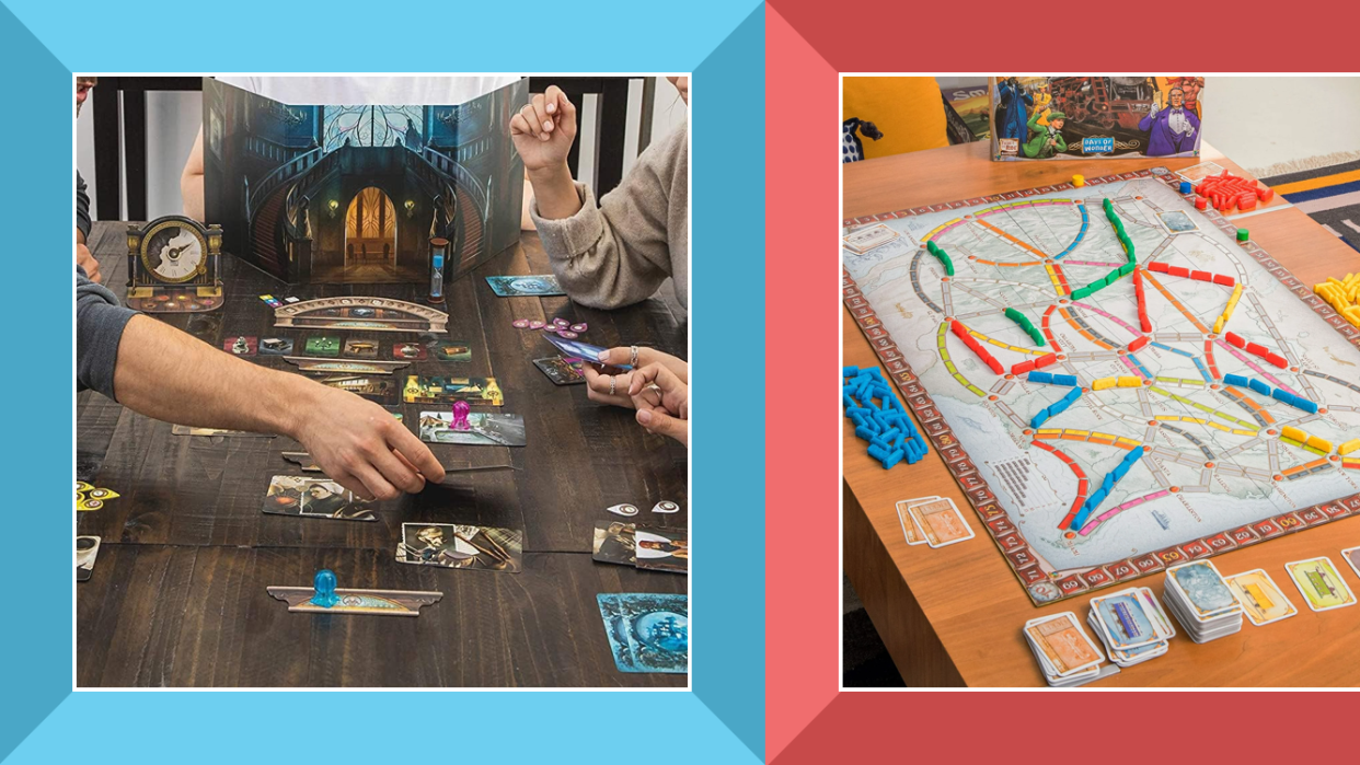 a collage of a man playing a board game