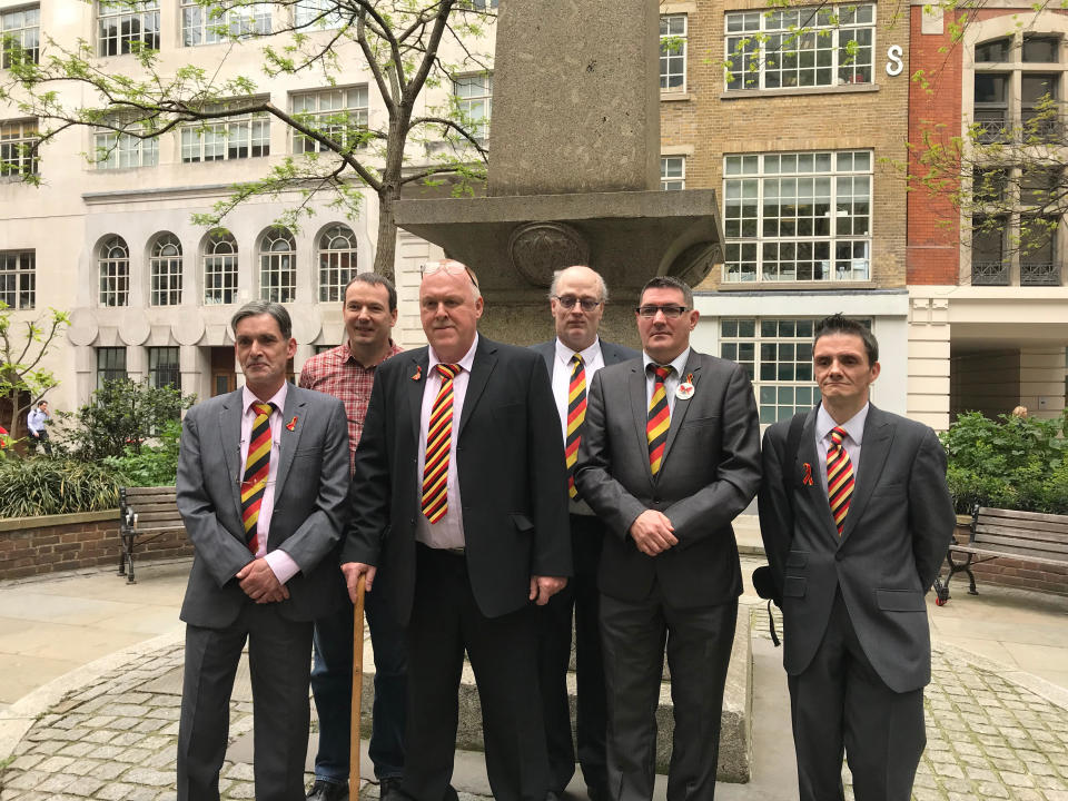 (left to right) Gary Webster, Owen Savill, Stephen Nicholls, Lee Stay, Ade Goodyear and Julian Gatrick, who attended Treloar school in the 1970s and 1980s. Mr Nicholls gave evidence at the Infected Blood Inquiry on Wednesday.