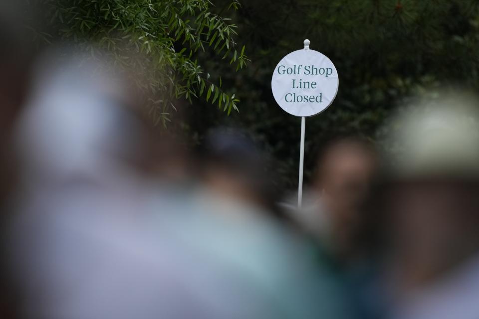 A sign is posted closing the golf shop line during a practice round at the Masters golf tournament at Augusta National Golf Club, Tuesday, April 9, 2024, in Augusta, Ga. Richard Globensky has been charged in federal court in Illinois in the transport of millions of dollars worth of Masters golf tournament merchandise and memorabilia stolen from Augusta National Golf Club in Georgia, according to court documents filed Tuesday, April 16, 2024. The items were taken from the famous golf club and other locations beginning in 2009 through 2022, according to the government. (AP Photo/Matt Slocum, File)