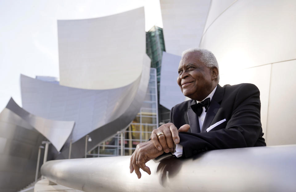 Horace Bowers, 93, owner of Bowers & Sons Cleaners in Los Angeles and a subject of the Oscar-nominated documentary short film "A Concerto is a Conversation," poses for a portrait outside Walt Disney Concert Hall, Thursday, April 15, 2021, in Los Angeles. (AP Photo/Chris Pizzello)