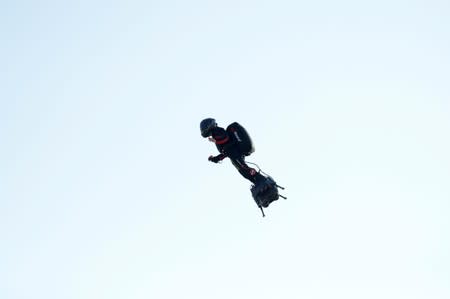 French inventor Franky Zapata takes off on a Flyboard to cross the English channel from Sangatte in France to Dover, in Sangatte