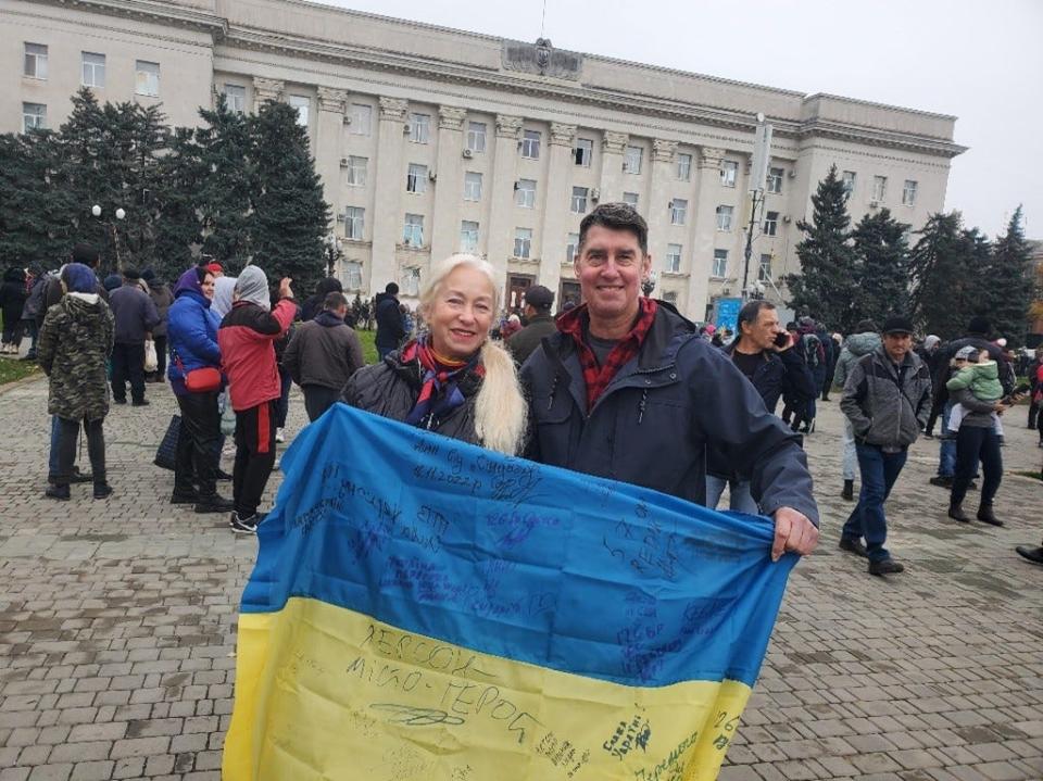 Ret. U.S. Army Brig. Gen. Mark Arnold of Upper Arlington with middle school teacher Anna Alexandrivisya in Kherson, Ukraine, in 2022.