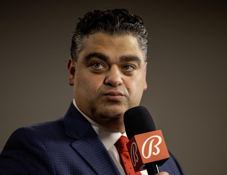 ANAHEIM, CA - NOVEMBER 15: Angeles general manager Perry Minasian answers questions from reporters after introducing new Angels manager Ron Washington during his introductory press conference at Angel Stadium in Anaheim on Wednesday, November 15, 2023. (Allen J. Schaben/Los Angeles Times via Getty Images)