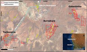 Map showing locations of the Tuckanarra, Burnakura and Gabanintha’s Projects