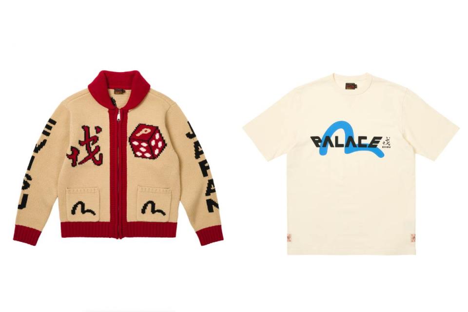 PALACE X EVISU骰子開襟針織外套（奶油紅色），NT$11,700；PALACE X EVISU LOGO T-SHIRT，NT$3,200圖片來源：EVISU