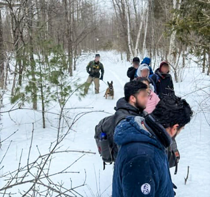 A U.S. Border Patrol agent apprehends seven Mexican citizens near Mooers, N.Y., who had crossed into the U.S. from Canada illegally on March 7, 2023. (U.S. Border Patrol Swanton Sector)