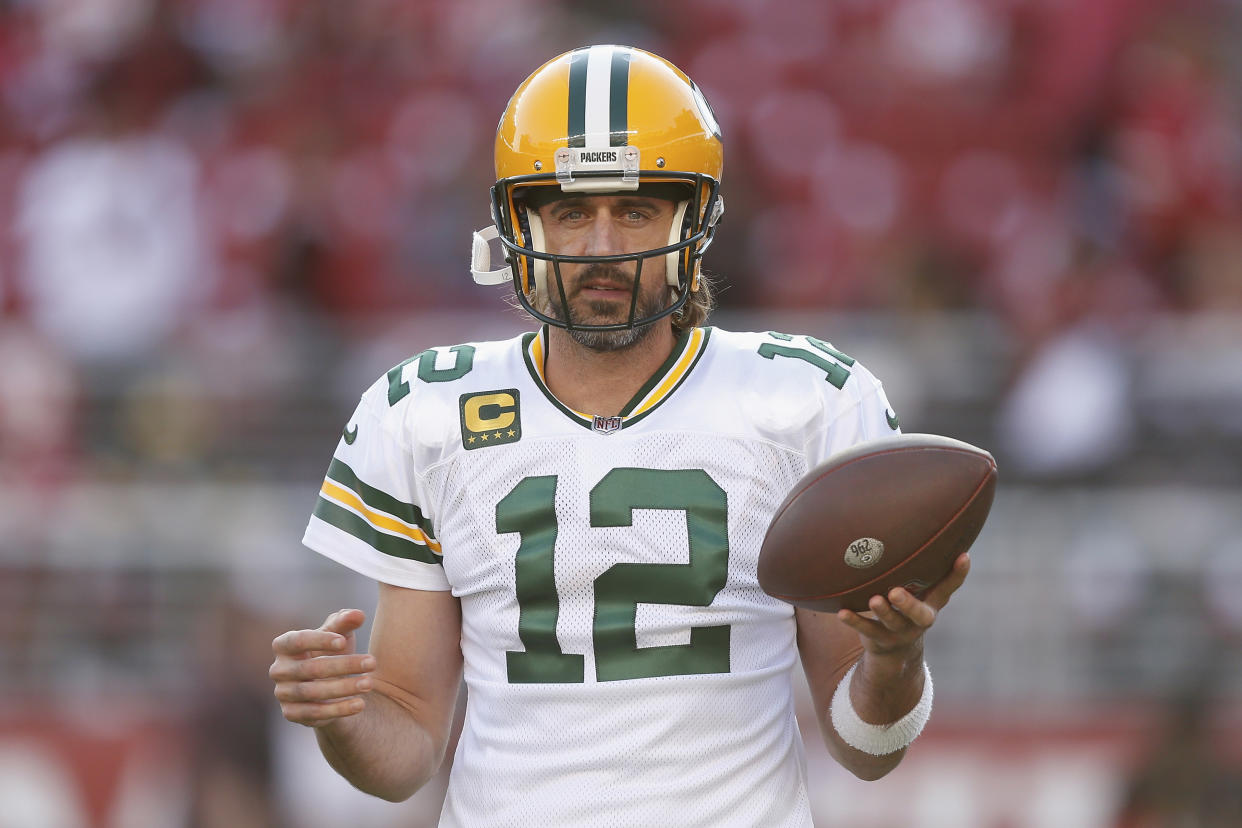 Green Bay Packers quarterback Aaron Rodgers (12) looks on during the pre-game warm up before the game against the San Francisco 49ers during an NFL football game, Sunday, Sep. 26, 2021 in Santa Clara, Calif. (AP Photo/Lachlan Cunningham)