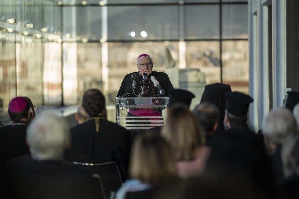 Bishop Brian Farrell, a Vatican secretary for promoting Christian unity, speaks during a ceremony at the Acropolis Museum for the repatriation of three sculpture fragments, in Athens, on Friday, March 24, 2023. Greece received three fragments from the ancient Parthenon temple that had been kept at Vatican museums for two centuries. Culture Ministry officials said the act provided a boost for its campaign for the return of the Parthenon Marbles from the British Museum in London. (AP Photo/Petros Giannakouris)