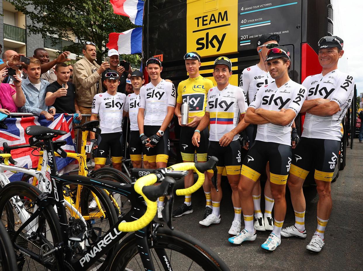 Froome pictured with his team mates ahead of the final stage: Getty