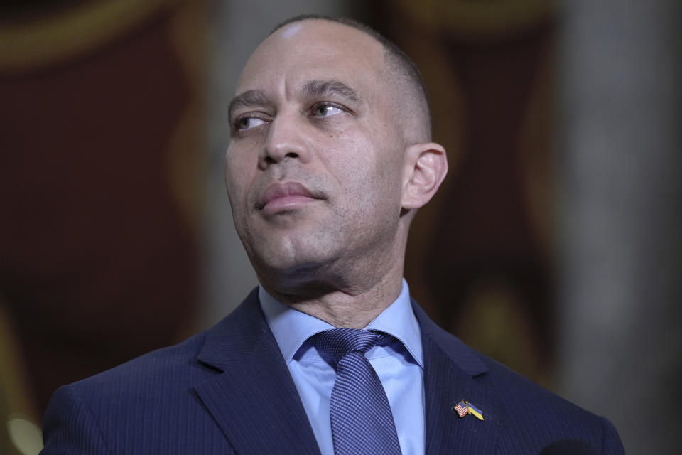 House Minority Leader Hakeem Jeffries, D-N.Y., speaks with reporters to discuss a proposal of sending crucial bipartisan support to aid Ukraine, Israel and Taiwan after weeks of inaction on Capitol Hill Wednesday, April 17, 2024, in Washington. (AP Photo/Mariam Zuhaib)