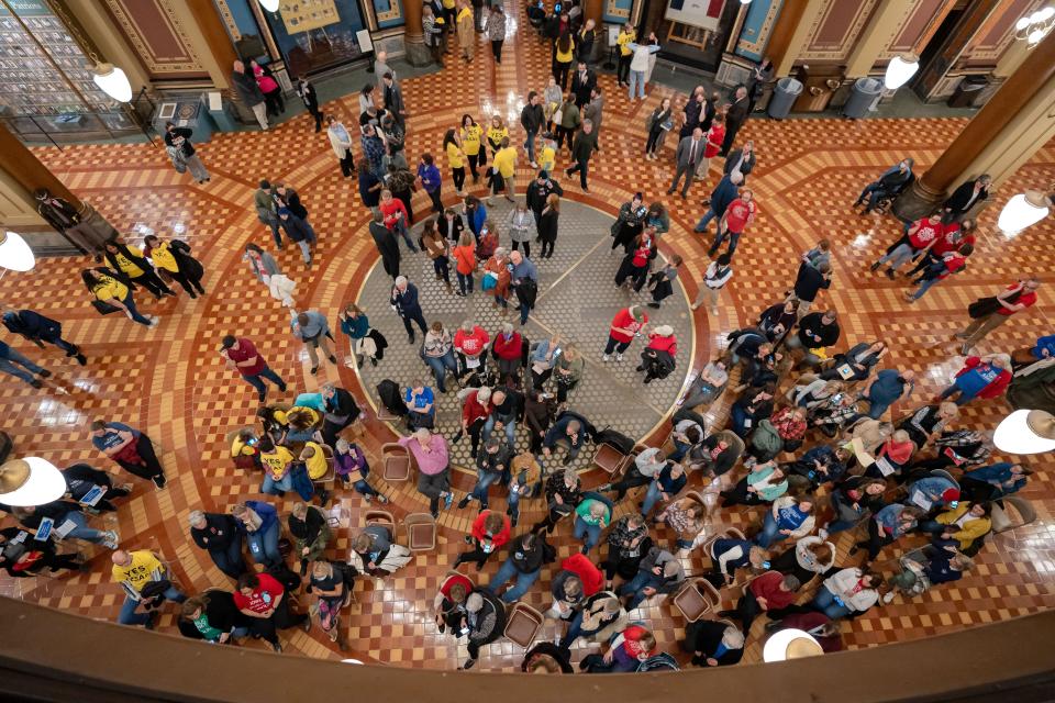 Iowans pack the Capitol as the House holds a public hearing on private school scholarships bill, Tuesday, Jan. 17, 2023.