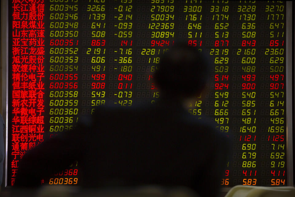 A Chinese investor monitors stock prices at a brokerage house in Beijing, Friday, April 19, 2019. Asian stock indexes rose moderately in quiet holiday trading on Good Friday as some markets were closed. (AP Photo/Mark Schiefelbein)