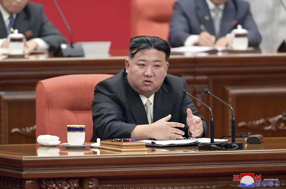 In this photo provided by the North Korean government, North Korean leader Kim Jong Un delivers a speech during a year-end plenary meeting of the ruling Workers’ Party, which was held between Dec. 26, and Dec. 30, 2023, in Pyongyang, North Korea. Independent journalists were not given access to cover the event depicted in this image distributed by the North Korean government. The content of this image is as provided and cannot be independently verified. Korean language watermark on image as provided by source reads: "KCNA" which is the abbreviation for Korean Central News Agency. (Korean Central News Agency/Korea News Service via AP)