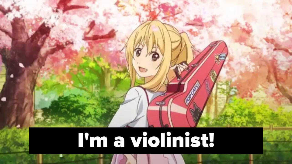 young animated girl with bangs and ponytail faces the other way holding a musical storage bag and says i'm a violinist