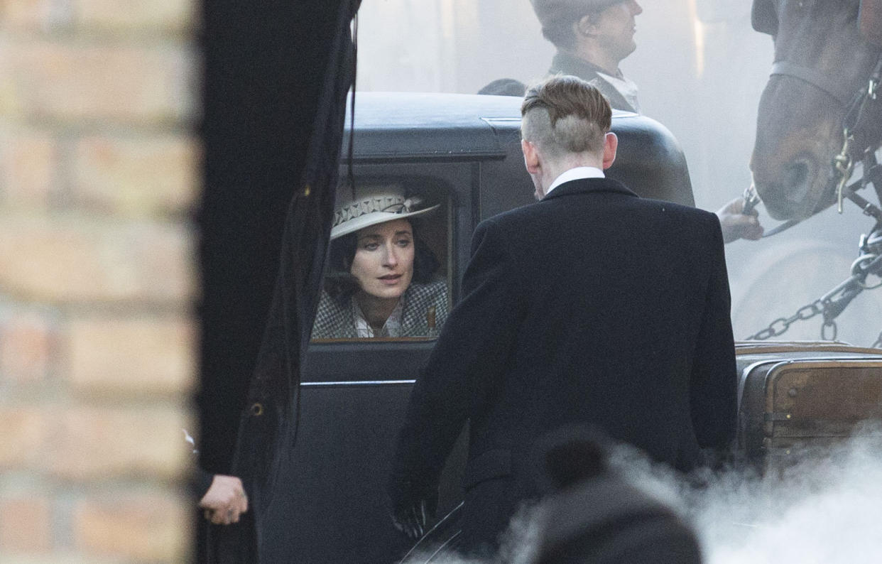 Paul Anderson, who plays Arthur Shelby, and Natasha OÕKeeffe, who plays Lizzie stark, during a scene. The filming of Peaky Bliders season 6 continues, in Manchester, pictured in Greater Manchester, March 2 2021. (SWNS)