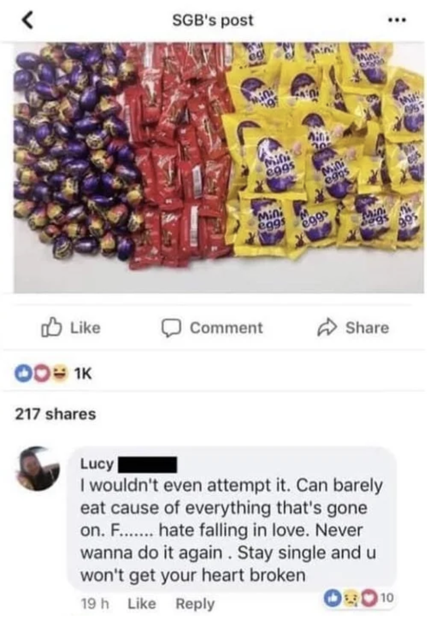 Photo of Easter candy gets response, "I wouldn't even attempt it; can barely eat because of everything that's gone on; hate falling in love — stay single"