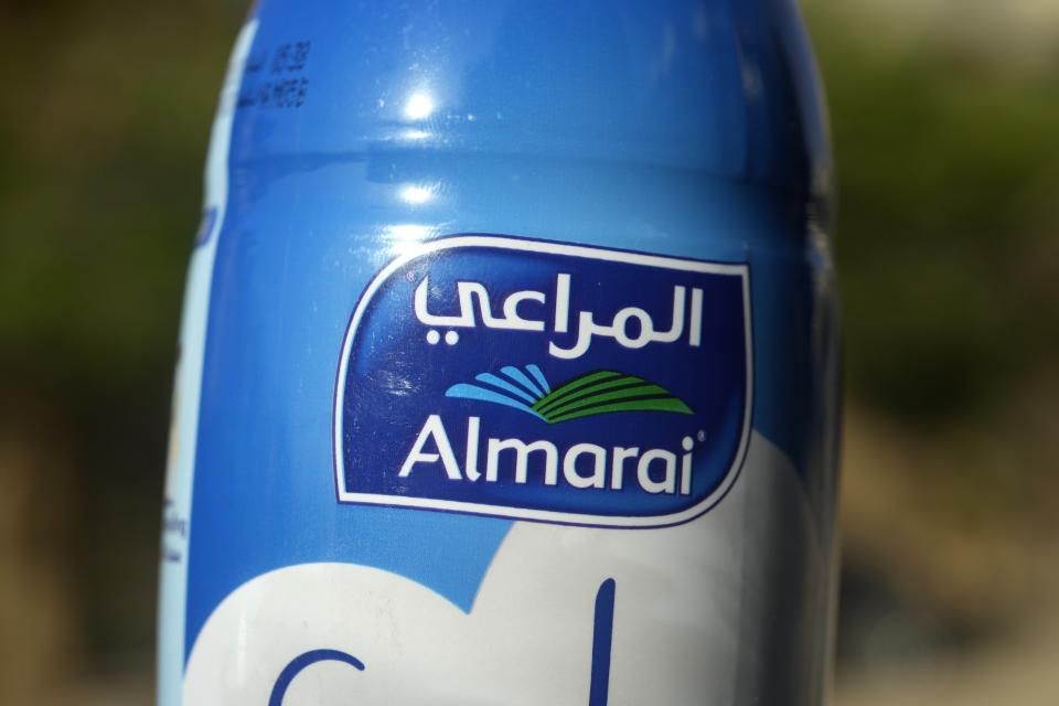 FILE - This image shows an Almarai logo in Cairo, Egypt, April 26, 2023. Fondomonte Arizona, a subsidiary of Saudi dairy giant Almarai Co., grows alfalfa in Arizona that feeds livestock in the water-stressed Persian Gulf kingdom. Arizona Gov. Katie Hobbs said her administration was terminating land leases that for years have given the Saudi-owned farm nearly unfettered access to pump groundwater in the parched southwestern state. (AP Photo/Amr Nabil, File)