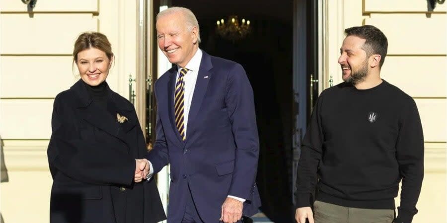 Volodymyr Zelenskyy and Olena Zelenska meet U.S. President Joe Biden 
in Kyiv on Feb. 20