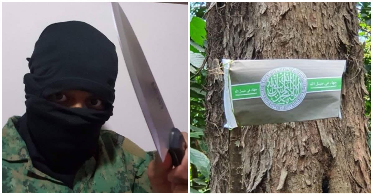 Muhammad Irfan Danyal Mohamad Nor had taken photos of himself in ski mask and with a knife, and pinned a caliphate flag on a tree at Coney Island. (PHOTOS: Internal Security Department)