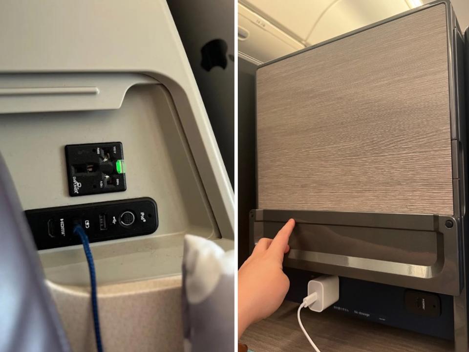 A photo collage with a picture of Singapore's power outlets next to an image of the author pointing towards ANA's power outlets.