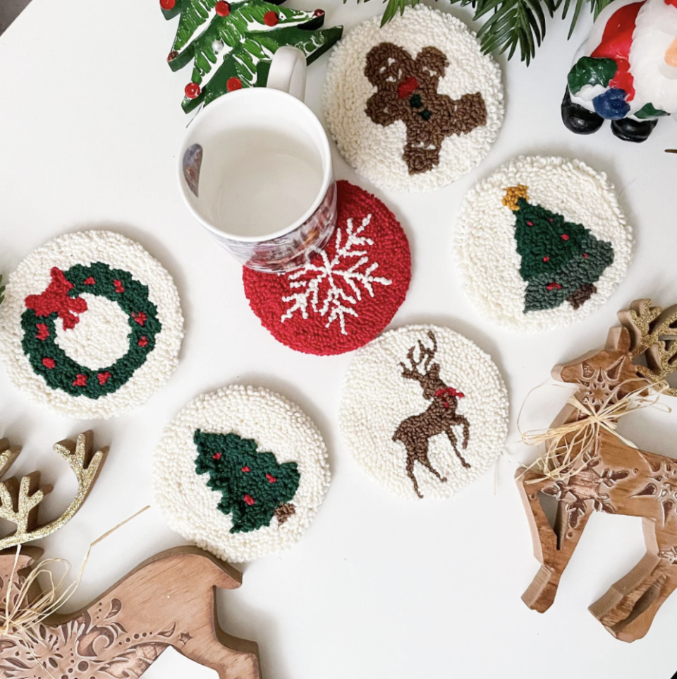 <p>These coasters are like mini rugs for your warm cup of hot cocoa or coffee. The best part? You can easily make them with <a href="https://go.redirectingat.com?id=74968X1596630&url=https%3A%2F%2Fwww.etsy.com%2Flisting%2F1076483662%2Fchristmas-punch-needle-coaster-kit-diy&sref=https%3A%2F%2Fwww.housebeautiful.com%2Fentertaining%2Fholidays-celebrations%2Fg22675518%2Feasy-christmas-craft-ideas%2F" rel="nofollow noopener" target="_blank" data-ylk="slk:this punch needle kit;elm:context_link;itc:0;sec:content-canvas" class="link ">this punch needle kit</a> by Hoop Atelier on Etsy. You can make anywhere from one to eight coasters that feature a Christmas tree, reindeer, snowflake, gingerbread man, or wreath.</p>