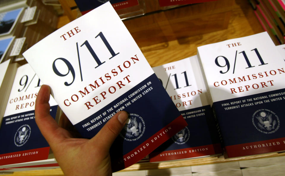 Copies of The 9/11 Commission Report on sale in 2004.