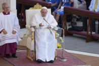 Pope Francis presides over a mass celebrated by U.S. Cardinal Kevin Joseph Farrell in St. Peter's Square at the Vatican for the participants into the World Meeting of Families in Rome, Saturday, June 25, 2022. The World Meeting of Families was created by Pope John Paul II in 1994 and celebrated every three years since then in different cities. (AP Photo/Andrew Medichini)