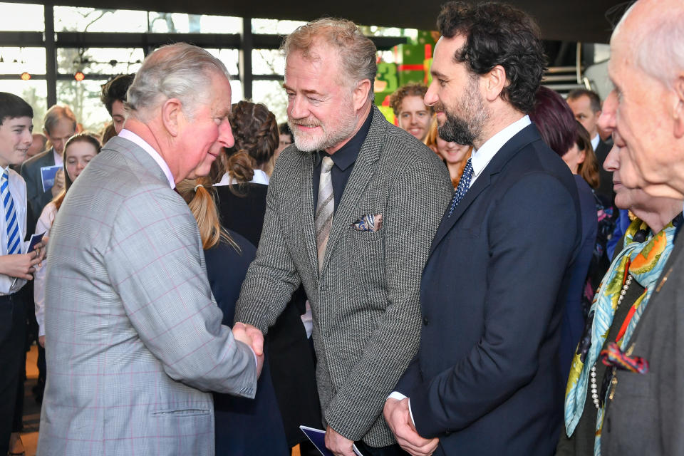 King Charles III meets actors Owen Teale (left) and Matthew Rhys (right) at Royal Welsh