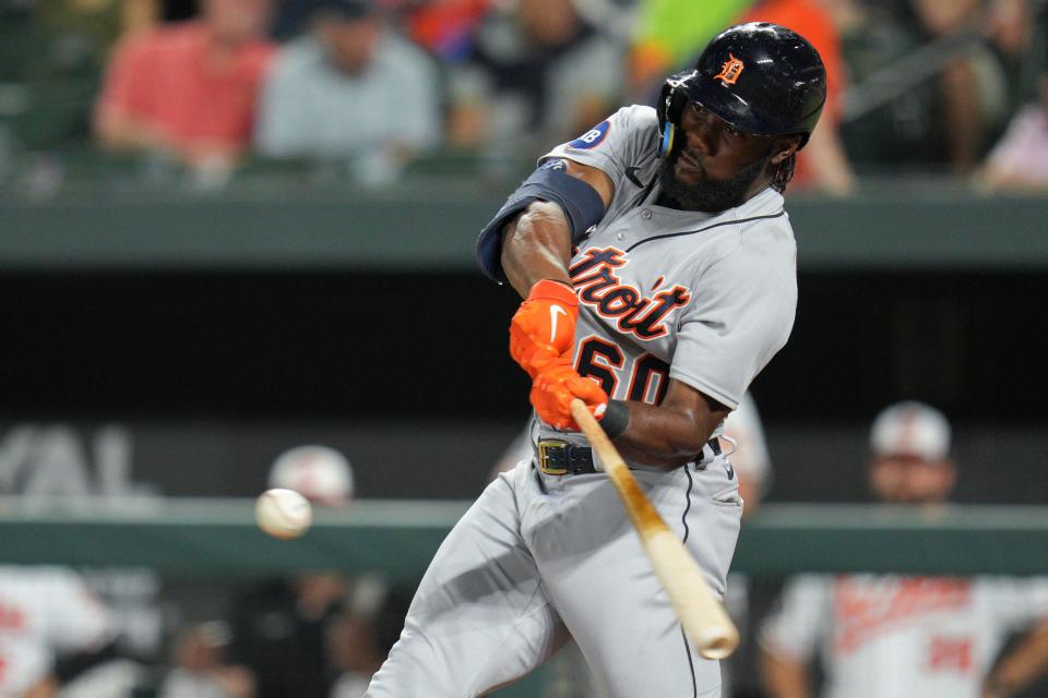 Detroit Tigers' Akil Baddoo hits a two-run home run against the Baltimore Orioles during the third inning of a baseball game Tuesday, Sept. 20, 2022, in Baltimore.