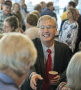 GOP candidate for governor Scott Jensen greets people during the first day of the Minnesota State Republican Convention, Friday, May 13, 2022, at the Mayo Civic Center in. Rochester, Minn. (Glen Stubbe/Star Tribune via AP)