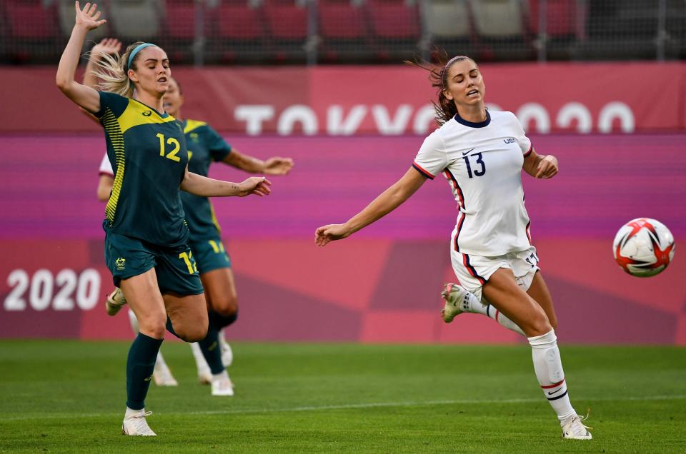 It was one of those days for Alex Morgan (13) and the USWNT, perhaps by design. (Photo by SHINJI AKAGI/AFP via Getty Images)