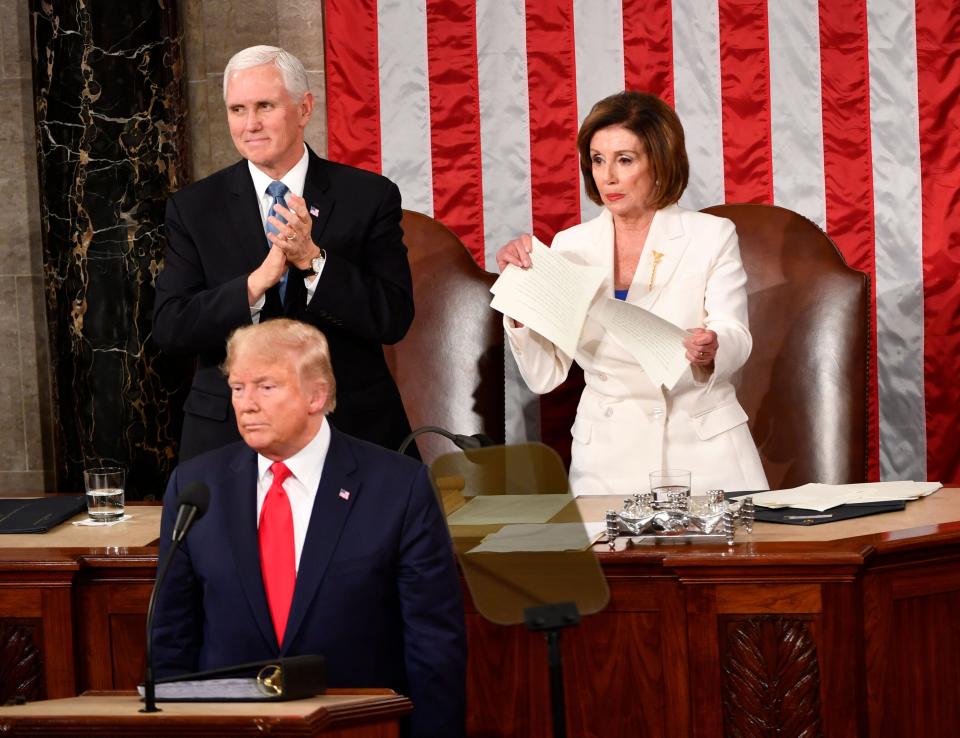 Speaker of the House Nancy Pelosi rips up the speech after President Donald J. Trump concludes delivering the State of the Union address from the House chamber of the United States Capitol in Washington on Feb. 4, 2020.