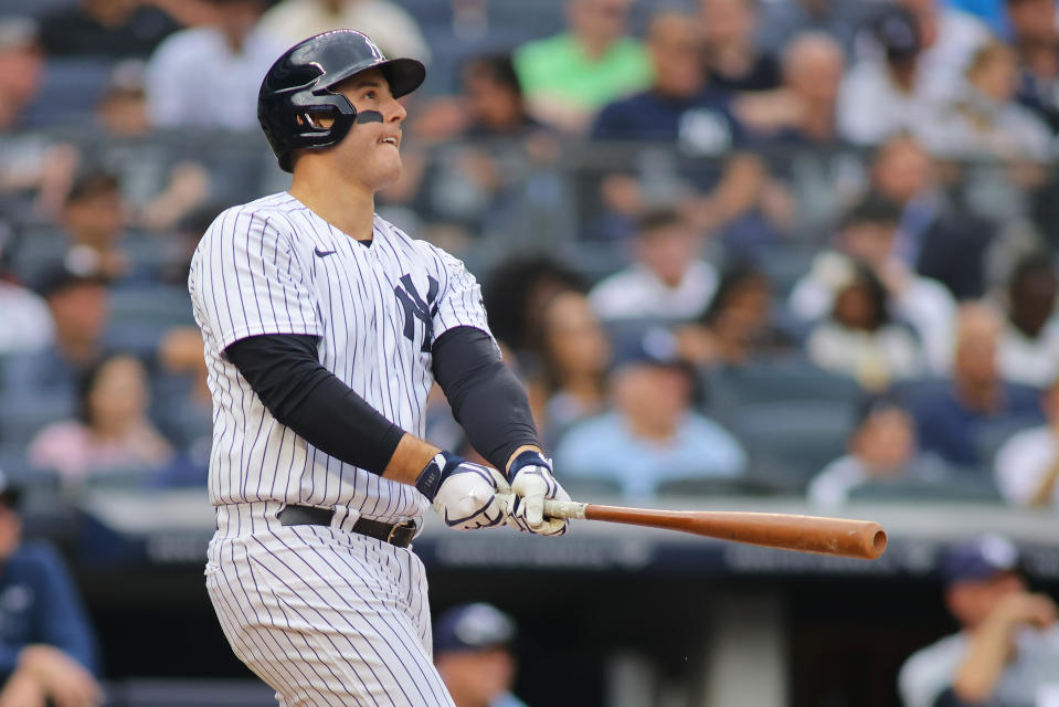 NEW YORK, NEW YORK - OCTOBER 03: Anthony Rizzo #48 of the New York Yankees in action against the Tampa Bay Rays at Yankee Stadium on October 03, 2021 in New York City. New York Yankees defeated the Tampa Bay Rays 1-0. (Photo by Mike Stobe/Getty Images)