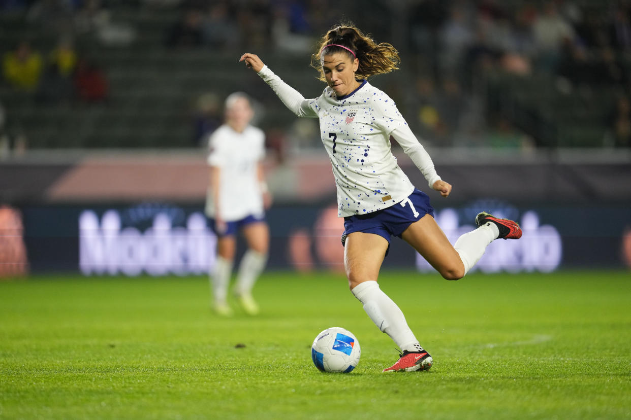 CARSON, CALIFORNIA - FEBRUARY 20: Alex Morgan #7 of the United States strikes the ball during the second half against the Dominican Republic during the 2024 Concacaf W Gold Cup Group A match at Dignity Health Sports Park on February 20, 2024 in Carson, California. (Photo by Brad Smith/ISI Photos/USSF/Getty Images for USSF)