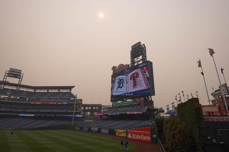<p>Jun 7, 2023; Philadelphia, Pennsylvania, USA; Smoke from Canadian wildfires obscure views of the scoreboard at Citizens Bank Park before a game between the Philadelphia Phillies and the Detroit Tigers. Mandatory Credit: Bill Streicher-USA TODAY Sports</p> 
