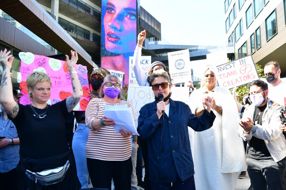 LOS ANGELES, CALIFORNIA - OCTOBER 20: Writer-director Joey Soloway speaks as trans employees and allies at Netflix walkout in protest of Dave Chappelle special on October 20, 2021 in Los Angeles, California. Netflix has decided to air Chappelle’s special, which contains jokes about transgender people, even though some employees have voiced concerns they feel have been ignored by the company. (Photo by Rodin Eckenroth/Getty Images)