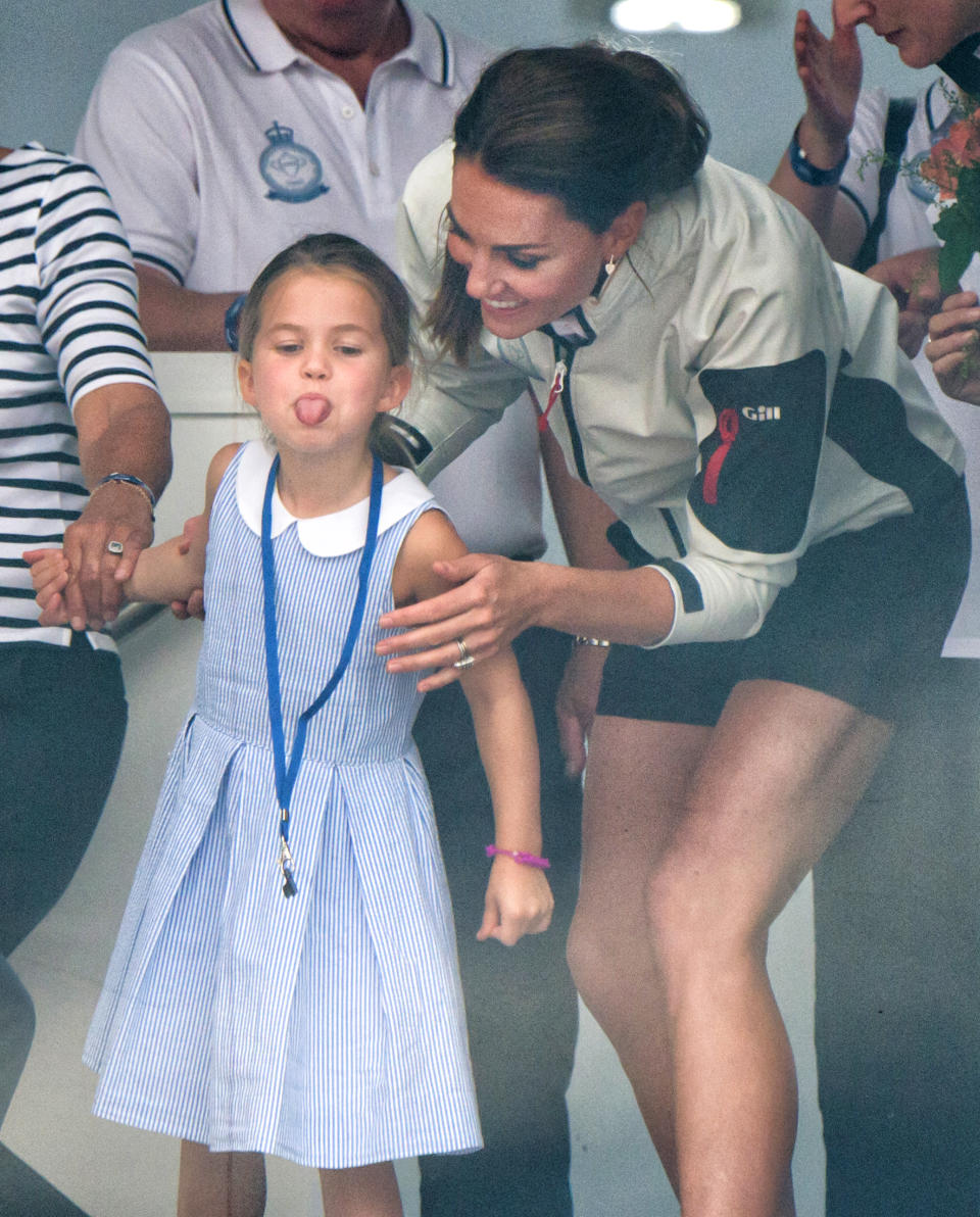 COWES, ENGLAND - AUGUST 08:  Princess Charlotte and Catherine, Duchess of Cambridge attend the presentation following the King's Cup Regatta on August 08, 2019 in Cowes, England. (Photo by Samir Hussein/WireImage)