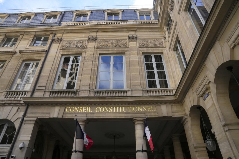 The Constitutional Council is pictured in Paris, France, Wednesday, April 12, 2023. The body' role is to make sure a bill is in line with the Constitution prior to enactment. French unions have staged Thursday a new round of nationwide protests, one day before an expected ruling of the country’s top constitutional body they hope will bring a halt to President Emmanuel Macron’s unpopular pension plan. (AP Photo/Michel Euler)