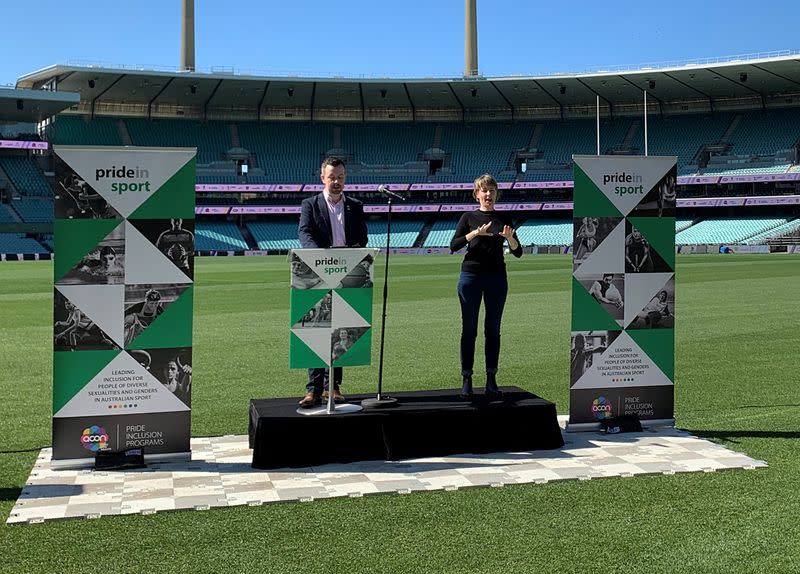 Pride in Sport National Program Manager Newell speaks at Sydney Cricket Ground