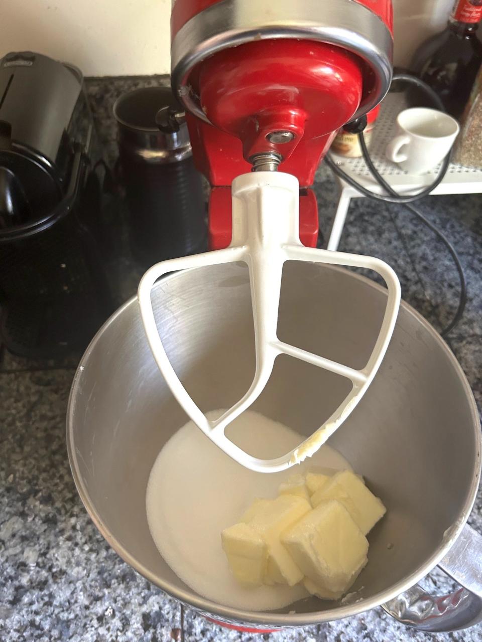 Mixing the butter and sugar for Ina Garten's chocolate cake with mocha frosting