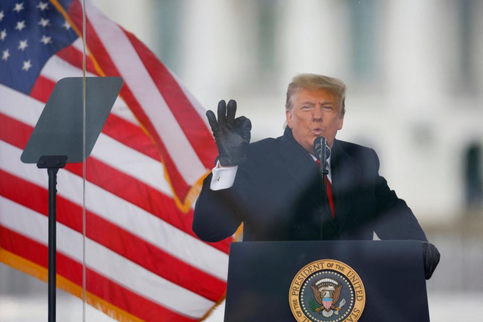 Former President Donald Trump gestures as he speaks during a rally to contest the certification of the 2020 U.S. presidential election results by the Congress, in Washington, U.S, January 6, 2021.