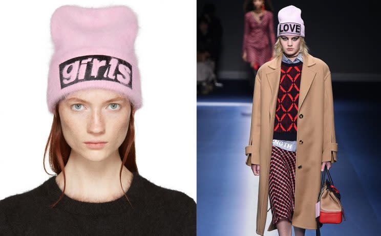 Left, Alexander Wang’s $295 angora beanie from Fall 2016, and Versace’s suspiciously similar beanie from Fall 2017. (Photo: Getty Images)