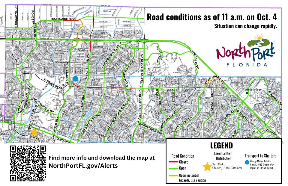 The latest road access map available at https://www.northporff.gov/alerts shows that the majority of roads in the city of North Port are now accessible. The largest exception to this is the section of Price Boulevard between Sumter and Toledo Blade boulevards.